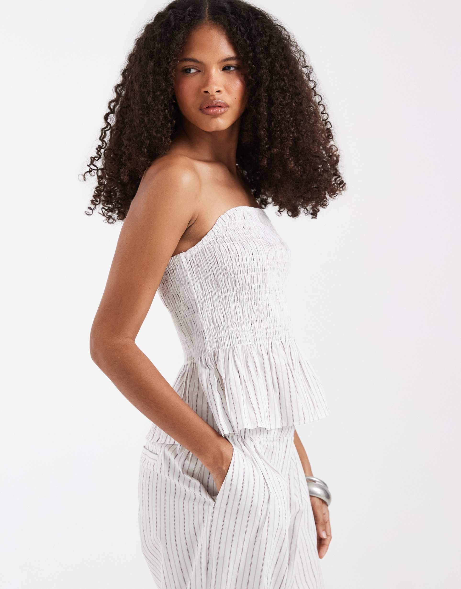 vero moda poplin shirred peplum hem bandeau top in white and black stripes - part of a set