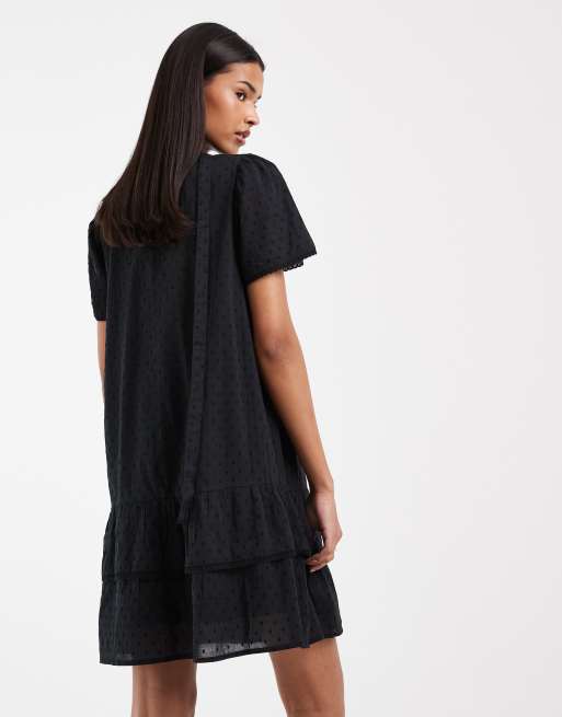 Vero moda poplin tie waist lace trim ruffle hem mini dress in black, 4 of 4