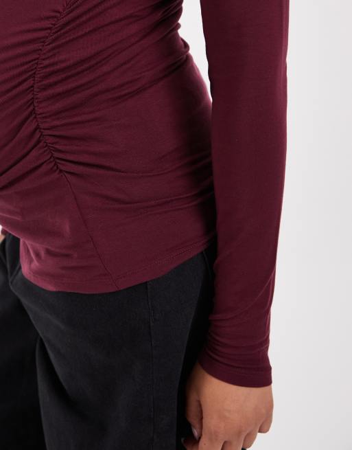 Vero Moda - Premamá camiseta de manga larga de punto con fruncido en burdeos, 3 de 4