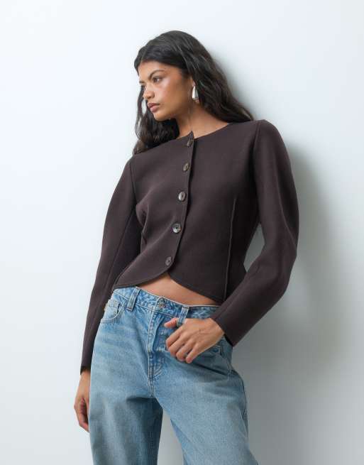 Vero Moda Premium cardigan i struktureret strik med rund hals i chokoladebrun, 3 af 5
