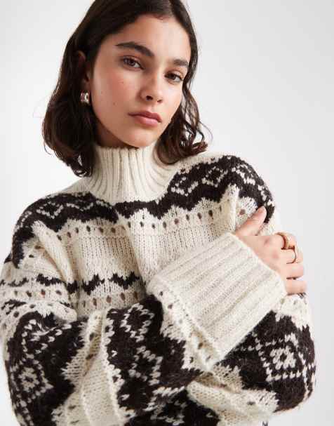 Vero Moda premium fairisle jumper in cream and chocolate - view 1