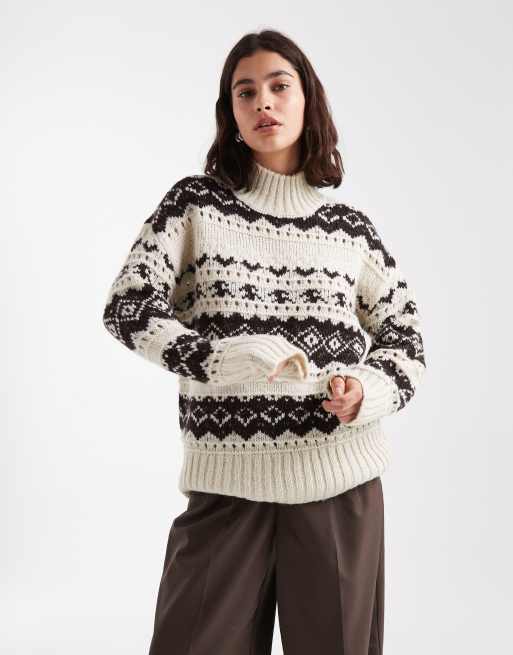 Vero Moda premium Fairisle sweater in cream and chocolate
