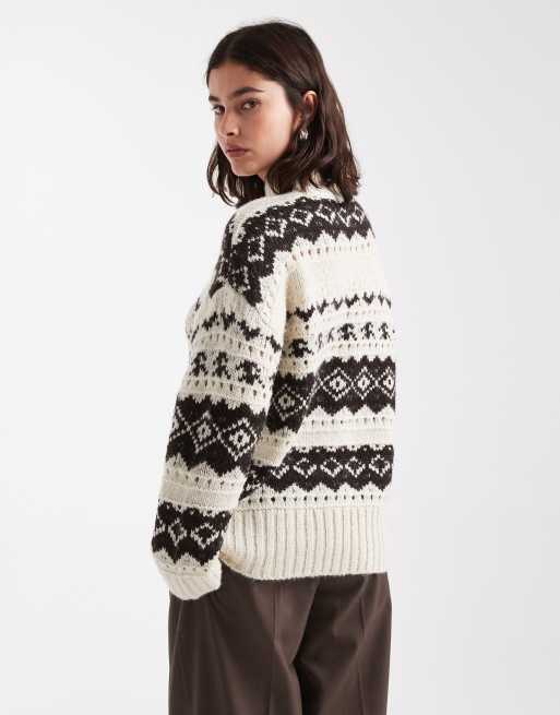 Vero Moda premium Fairisle sweater in cream and chocolate