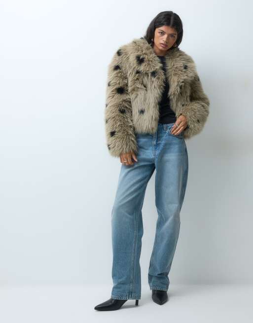 Vero Moda Premium faux fur short jacket in neutral polka dot, 2 of 5