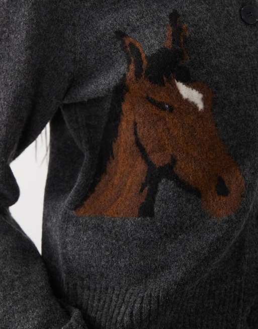Vero Moda Premium horse intarsia wool-blend polo collar cardigan in dark grey melange, 3 of 4