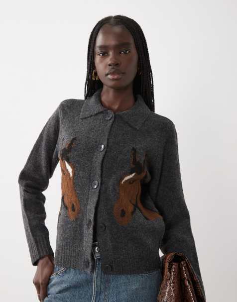 Vero Moda premium kardigan z mieszanki wełny z detalem konia w ciemnoszarym kolorze - view 1