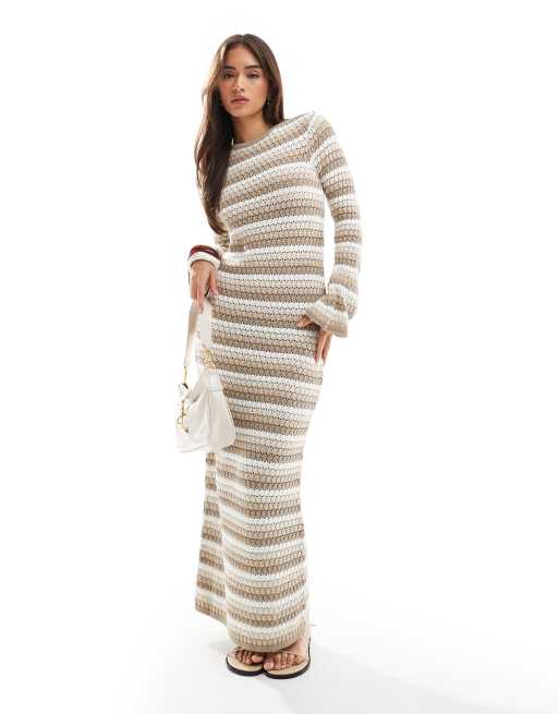 Vero Moda premium knit maxi dress in brown stripe, 2 of 4