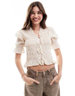 premium smocked top in cream-White