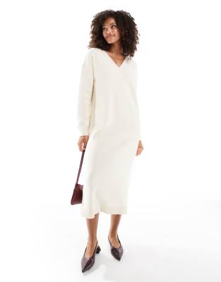 premium v neck knit midi dress in cream-White