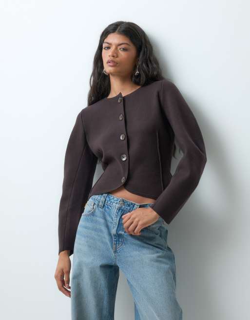 Vero Moda Premium vest van gebreid met structuur met ronde hals in chocoladebruin, 2 van 5