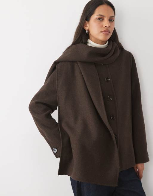 Vero Moda Premium wool blend jacket with scarf detail in chocolate brown, 2 of 4