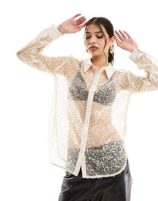 Vero Moda – Prześwitująca koszula z cekinami w kolorze złamanej bieli