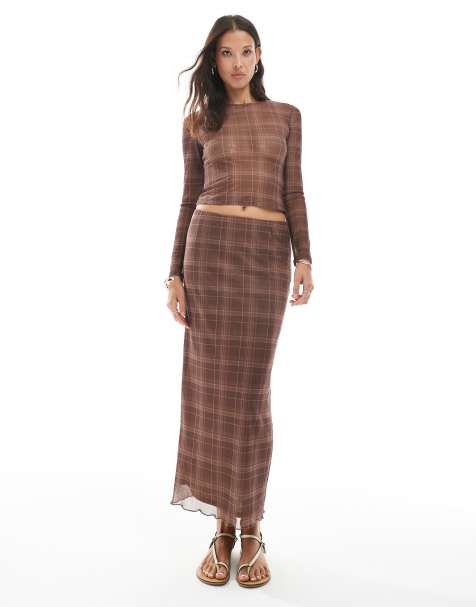 Vero Moda sheer mesh maxi skirt co-ord in mocha check print