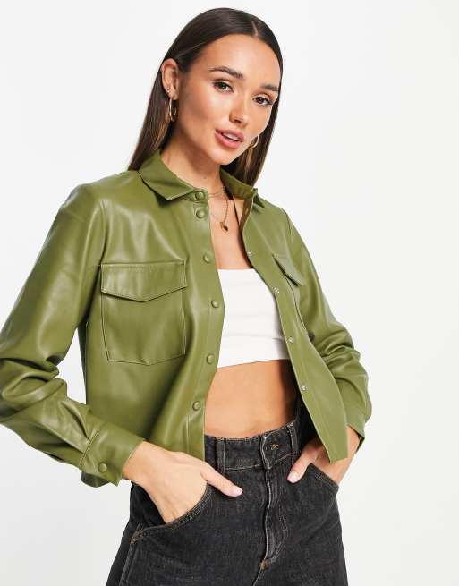 Vero Moda PU cropped shirt in olive