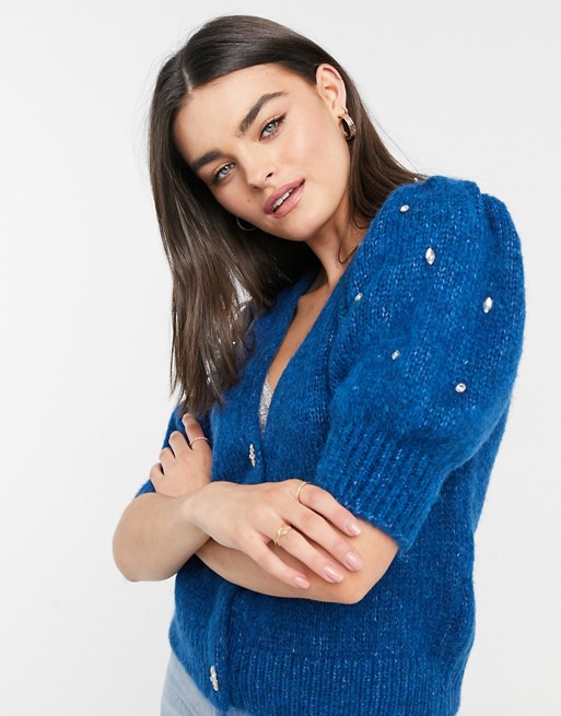 Vero Moda puff sleeve cardigan with crystal detail and deco buttons in blue