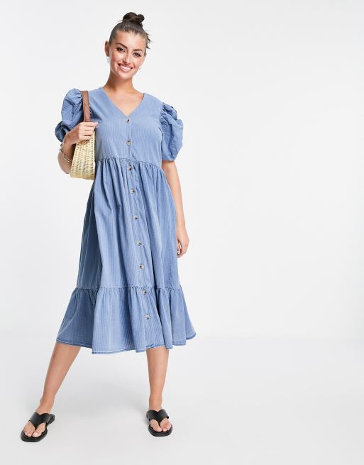 Vero Moda puff sleeve denim midi dress in blue | ASOS