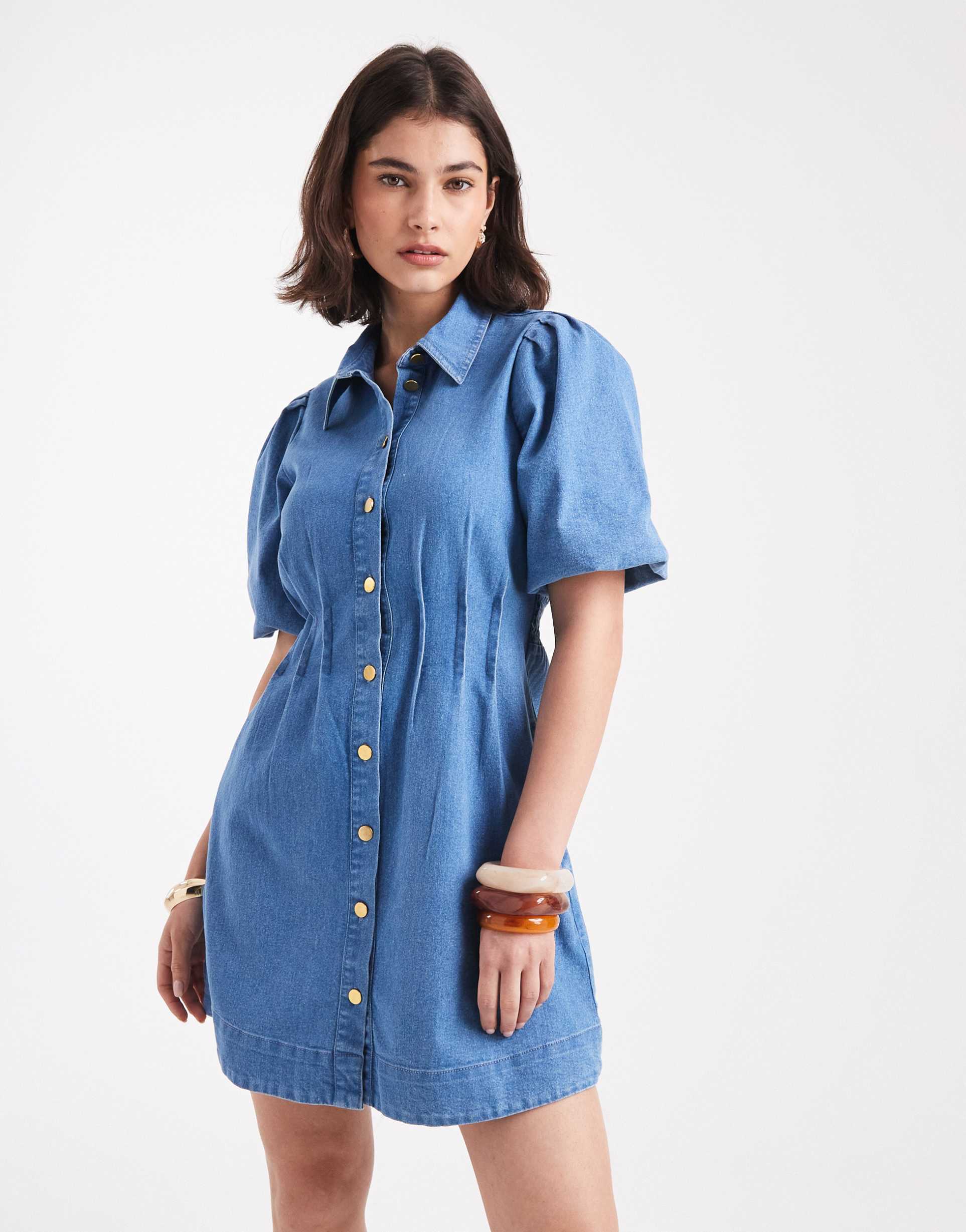 vero moda puff sleeve pleated waist denim mini dress in medium blue