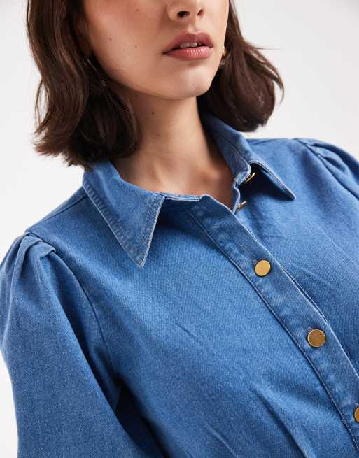 Vero Moda puff sleeve pleated waist denim mini dress in medium blue, 3 of 4