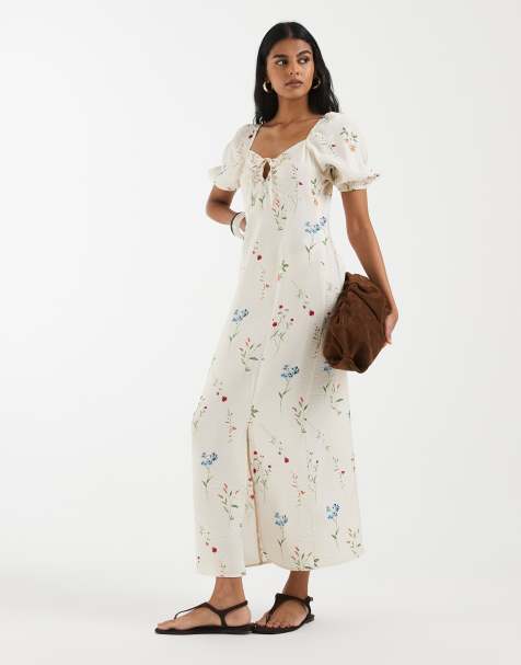 white christmas dresses Asos Design Long Sleeve Mini Shirt Dress In Cream Ditsy Floral main image 0