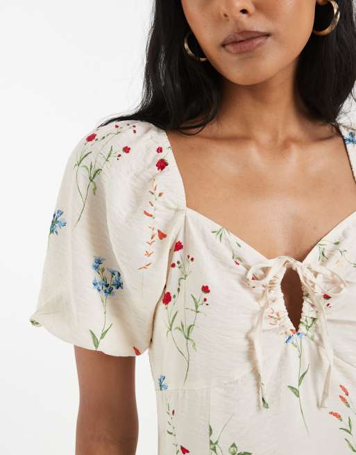 Vero Moda puff sleeve tie front detail maxi dress in cream floral print, 3 of 4