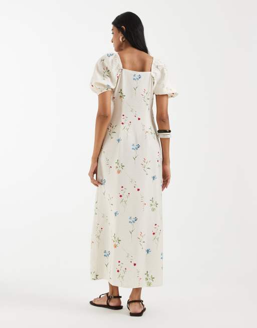 Vero Moda puff sleeve tie front detail maxi dress in cream floral print, 4 of 4