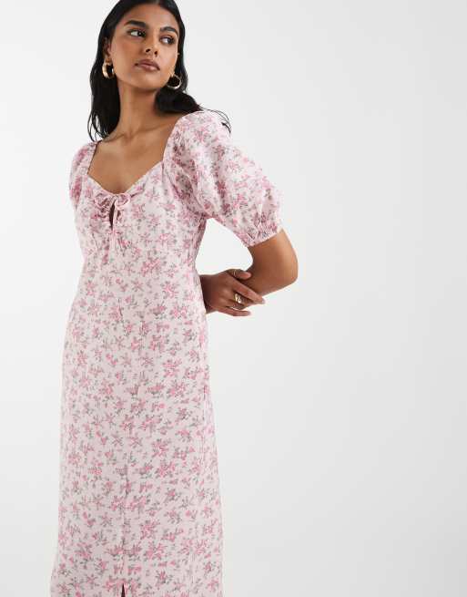 Vero Moda puff sleeve tie front detail maxi dress in pink floral print, 2 of 4