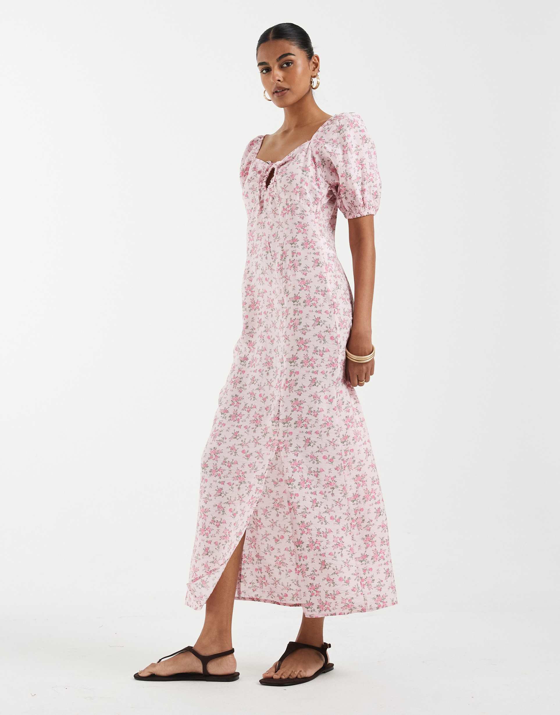 vero moda puff sleeve tie front detail midaxi dress in pink floral print