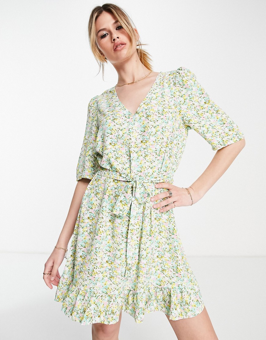 Vero Moda puff sleeve tie waist mini tea dress in floral print-Multi