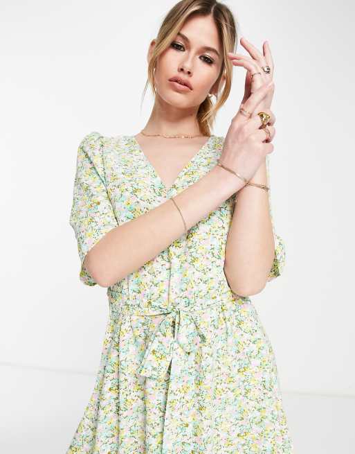 Vero Moda puff sleeve tie waist mini tea dress in floral print ASOS