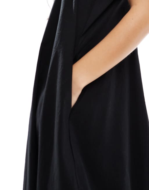 Vero Moda puffball hem poplin maxi cami dress in black, 4 of 4