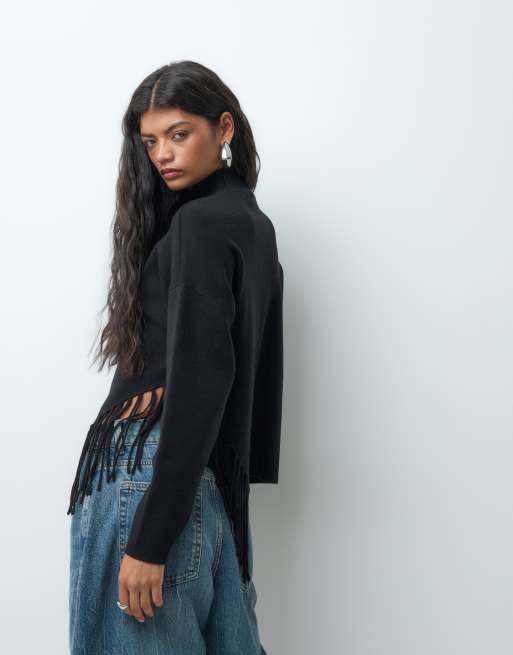 Vero Moda pull à col montant avec détail d'ourlet à franges en noir, 3 de 5