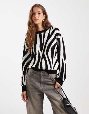Pull à col rond en maille jacquard à zébrures - Noir et crème-Blanc XL