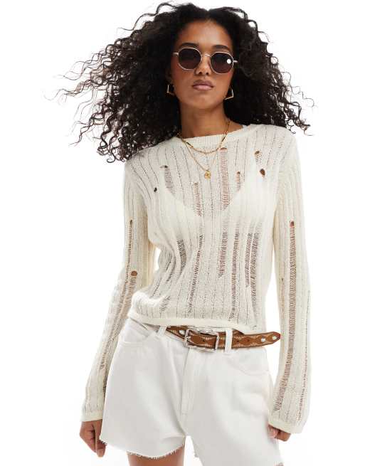 Vero Moda - Pull en maille jour échelle - Crème