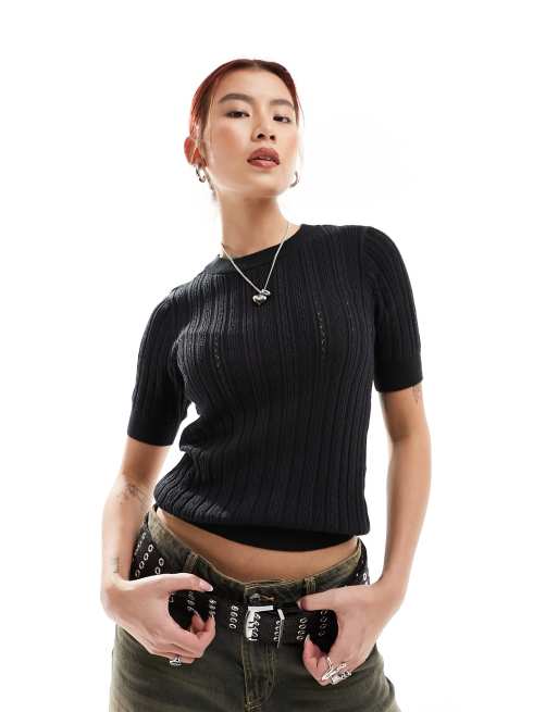 Pull noir manche discount transparente