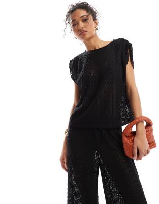 pull on sheer textured top in black - part of a set