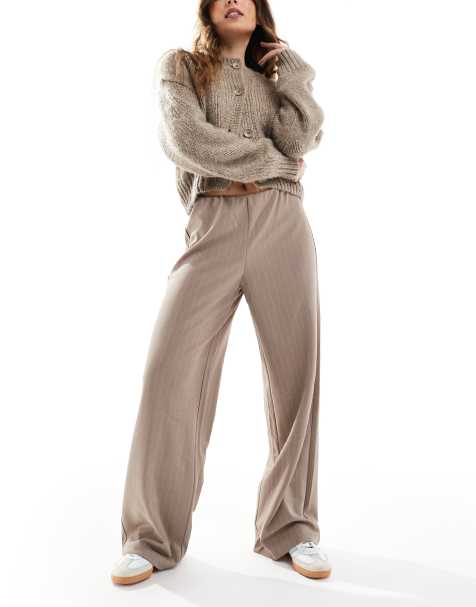 Vero Moda pull on wide leg pants in beige pinstripe - view 1