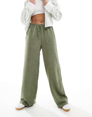 pull on wide leg pants with tie waist in khaki green