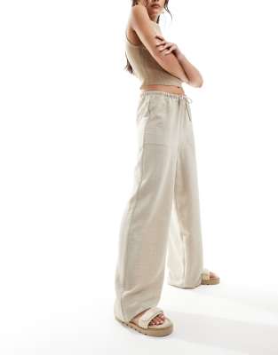 Vero Moda Pull On Wide Leg Pants With Tie Waist In Stone-neutral