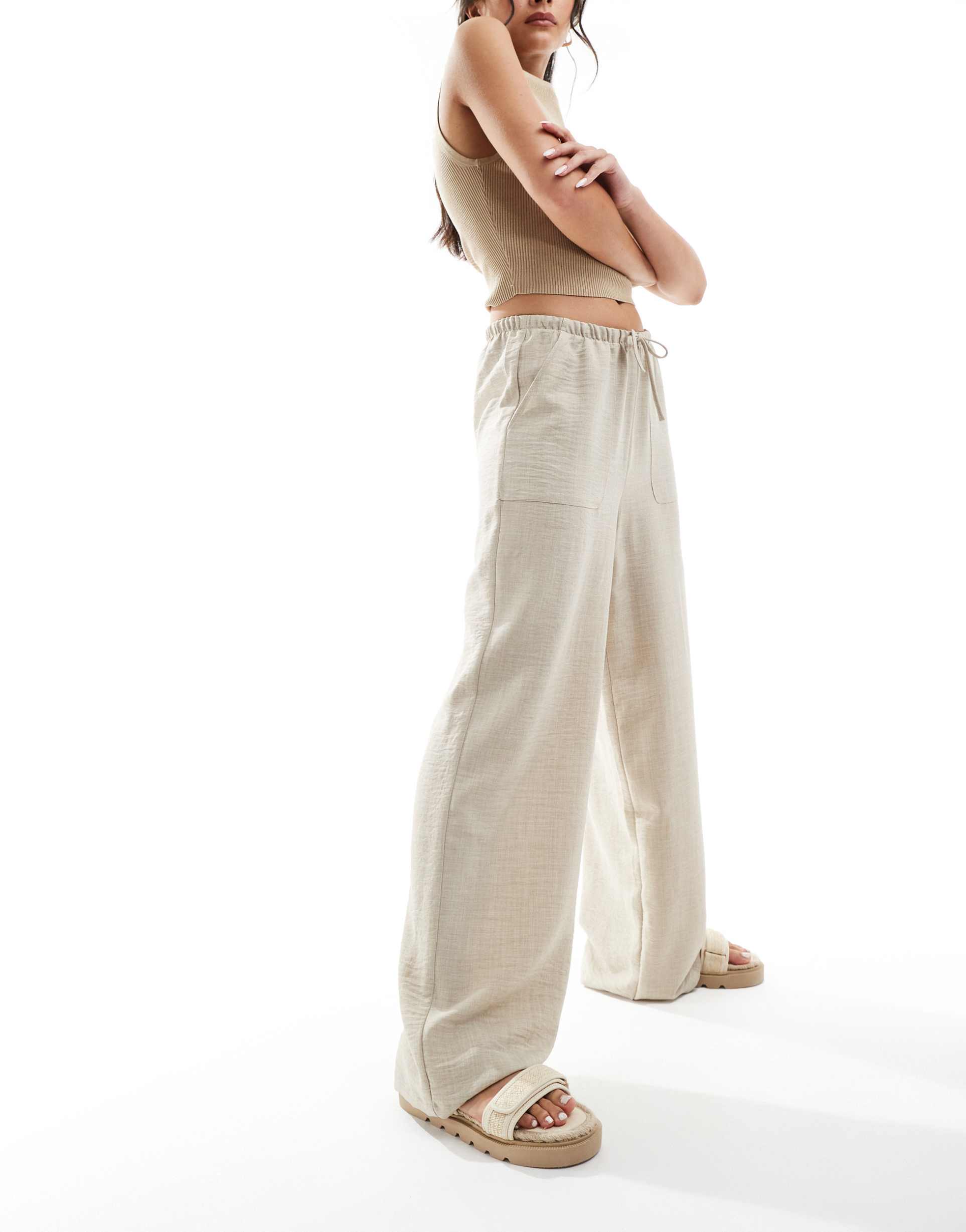 vero moda pull on wide leg pants with tie waist in stone