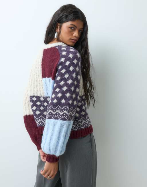 Vero Moda pull oversize en maille épaisse à patchwork bordeaux et bleu clair, 5 de 5