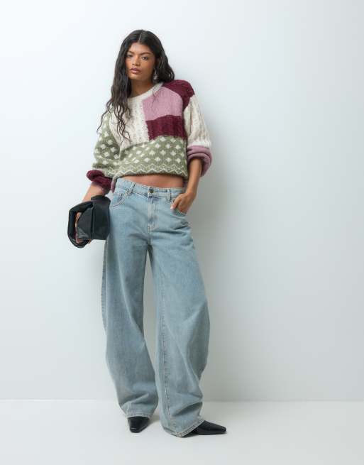 Vero Moda pull oversize en maille patchwork épaisse bordeaux et rose, 3 de 5