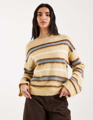 Pull ras de cou en maille à rayures multicolores - Jaune 2XL