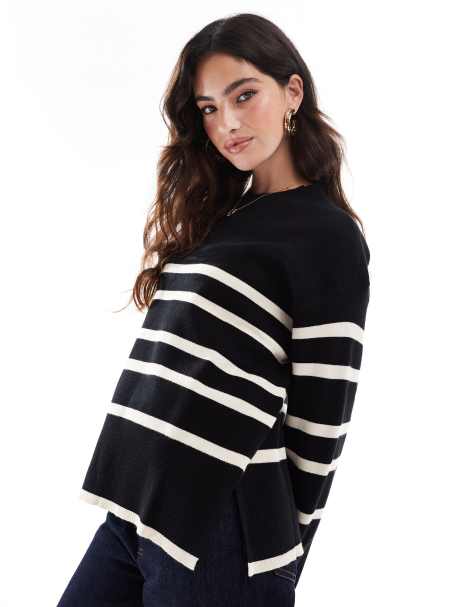 Vero Moda – Pullover in Schwarz mit Rundhalsausschnitt und Streifen in Creme - view 1