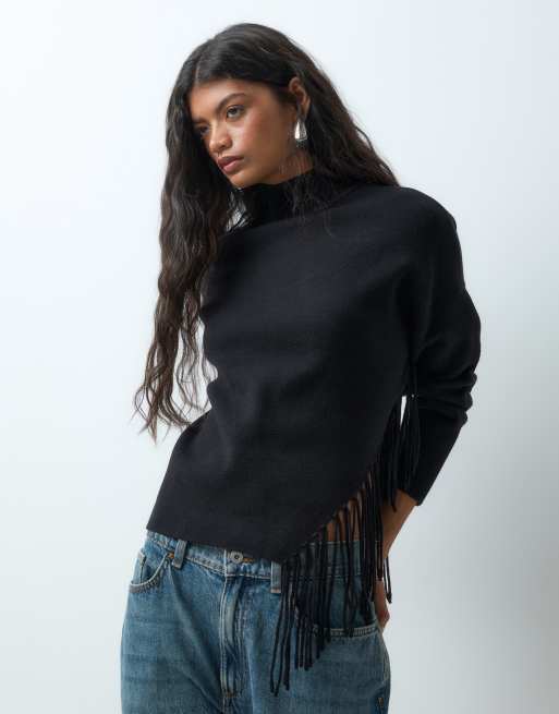 Vero Moda Pullover mit hohem Kragen und Fransen am Saum in Schwarz, 5 von 5