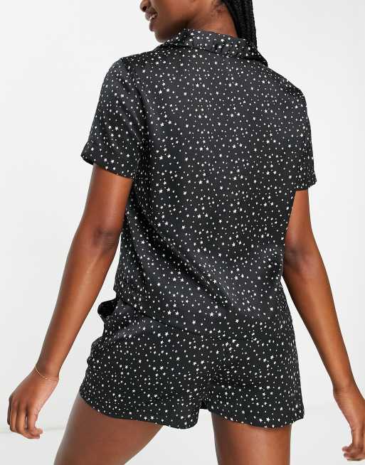 Vero Moda - Pyjamaset van satijn met overhemd in zwart met sterrenprint, 2 van 4