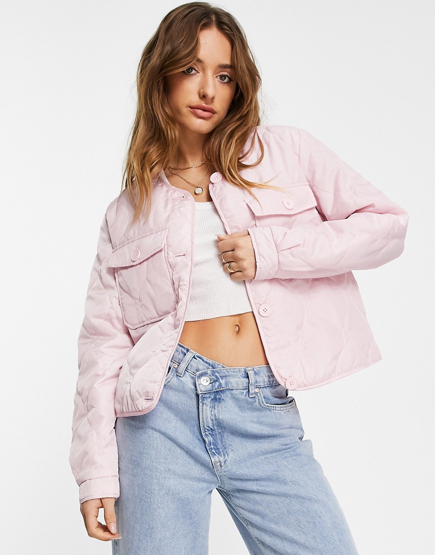 Vero Moda quilted collarless jacket in light pink