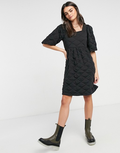 Vero Moda quilted mini dress with puff sleeve in black