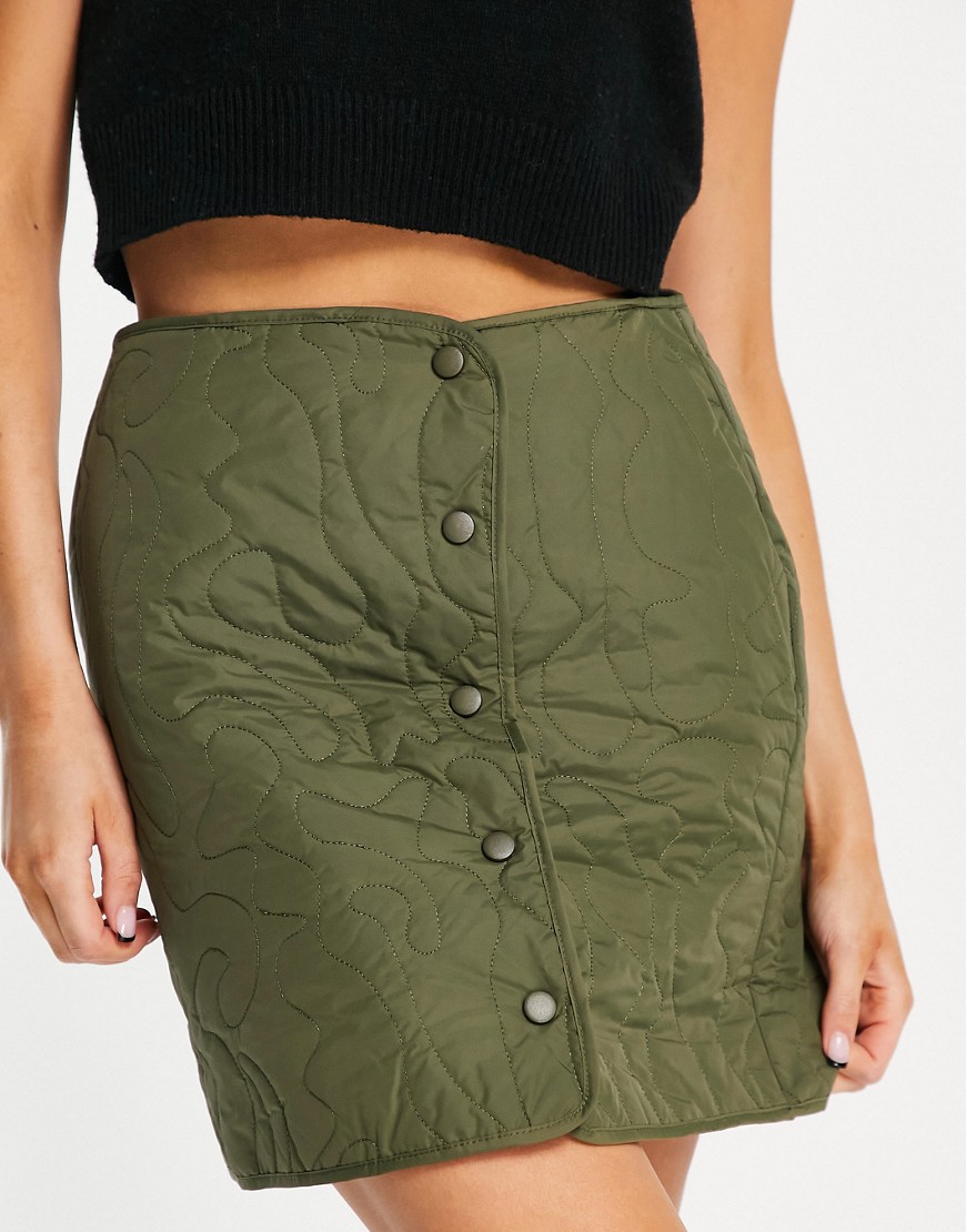 Vero Moda quilted squiggle skirt co-ord with popper front in khaki-Green