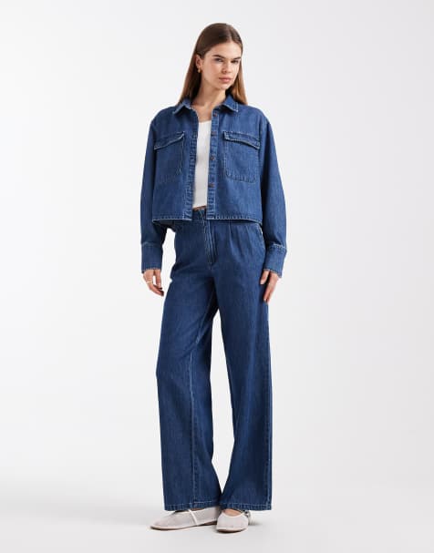 Vero Moda – Rae – Mellanblå jeans med vida ben och veck framtill, del av set - view 1