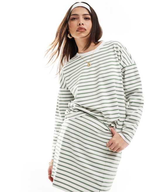 Vero Moda raglan jersey top co-ord with long sleeves in green stripe, 2 of 4
